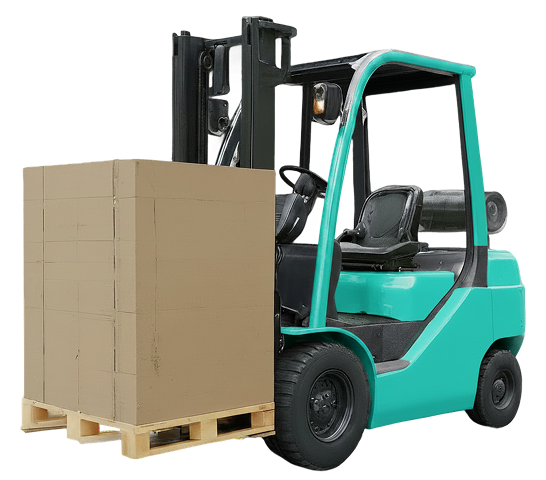 Red black toy forklift with box back it